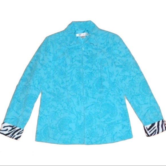 Rafael Turquoise Floral Zebra Zip Jacket, Size 8 - Picture 2 of 12